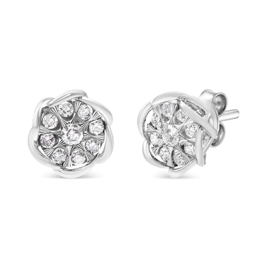 10K White Gold Diamond Floral Cluster Swirl Stud Earrings