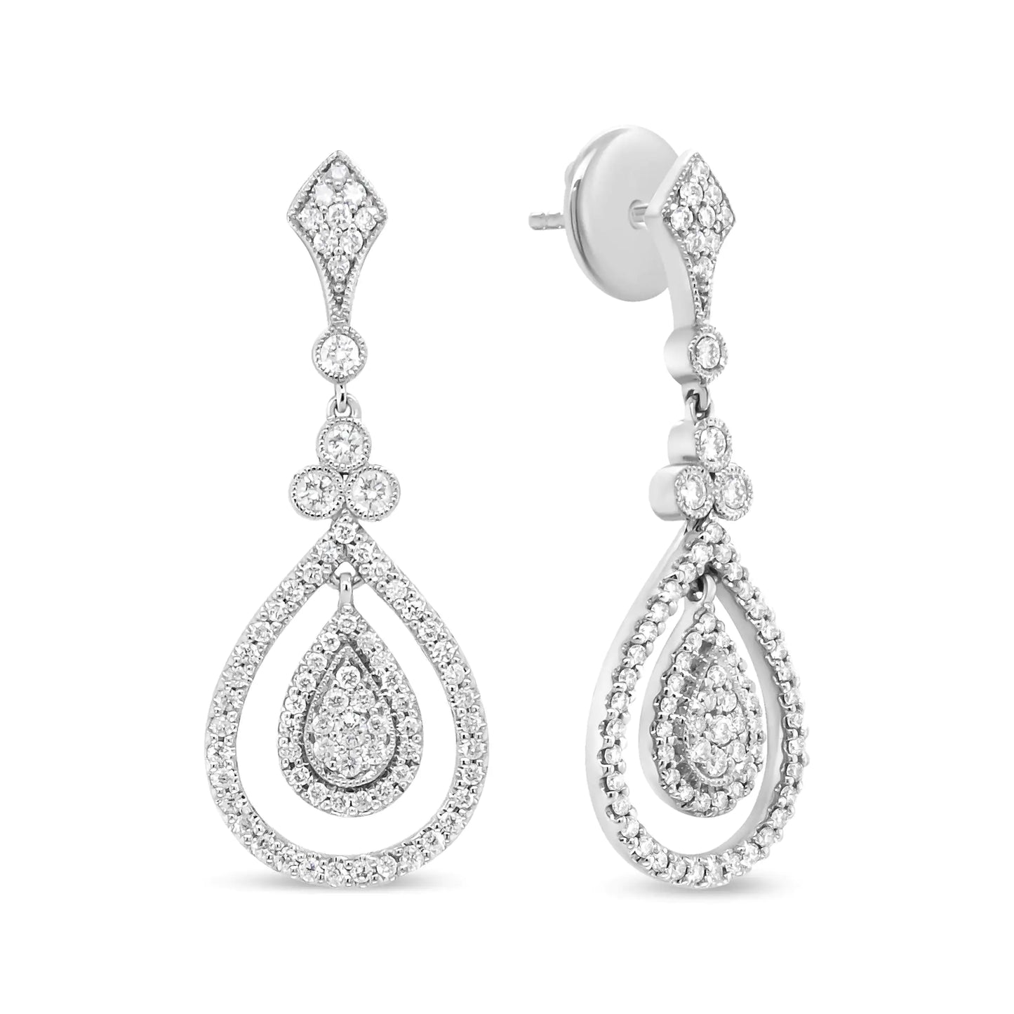 White Gold 1 1/4 Cttw Round Diamond Openwork Teardrop-Shaped Dangle Earrings 18K