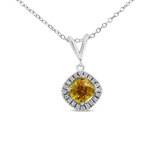 White Gold 1 1/5 Cttw Yellow Radiant Lab Grown Diamond Floating Halo Rhombus Shaped 18" Pendant Necklace 14K