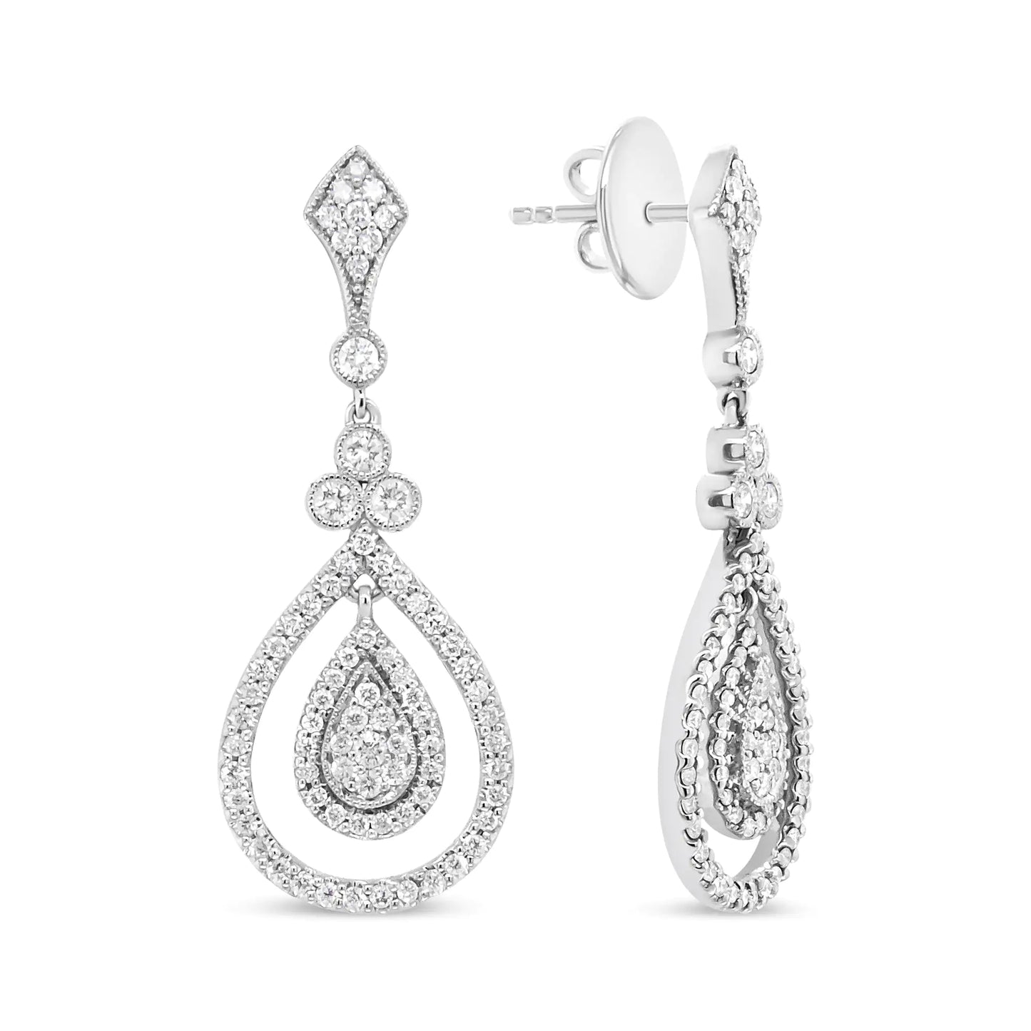 White Gold 1 1/4 Cttw Round Diamond Openwork Teardrop-Shaped Dangle Earrings 18K